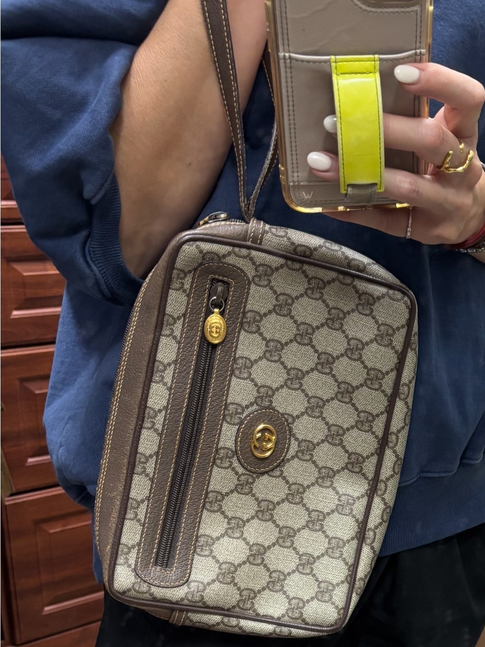 Gucci Beige Monogram wristlet with Gold Hardware. Great size!  Vintage Gucci!